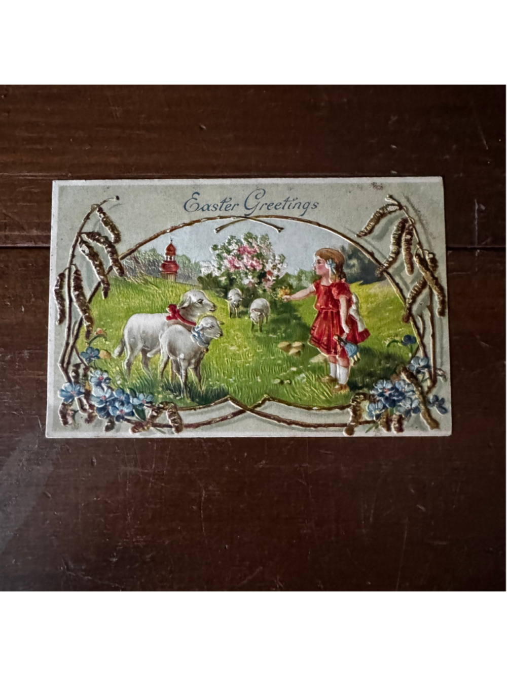 Antique Embossed Easter Postcard | Edwardian Lambs & Spring Flowers